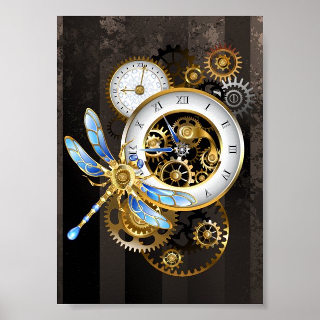 Steampunkuhr mit mechanischer Libelle Poster (Vorne)