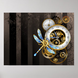 Steampunkuhr mit mechanischer Libelle Poster