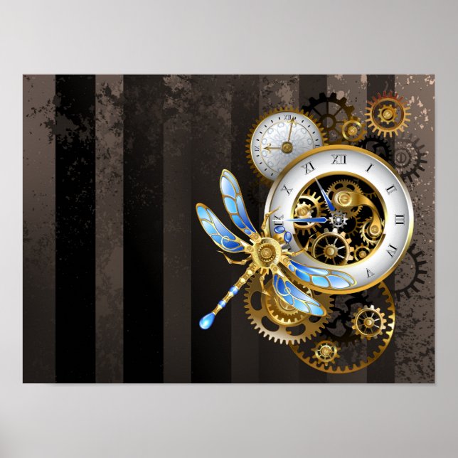 Steampunkuhr mit mechanischer Libelle Poster (Vorne)