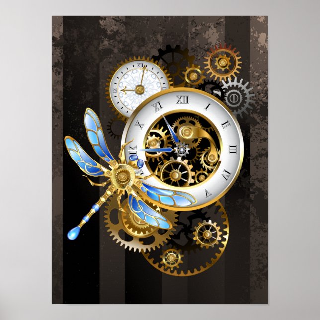 Steampunkuhr mit mechanischer Libelle Poster (Vorne)