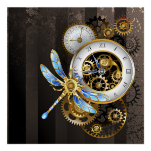Steampunkuhr mit mechanischer Libelle Poster