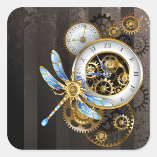 Steampunkuhr mit mechanischer Libelle Quadratischer Aufkleber