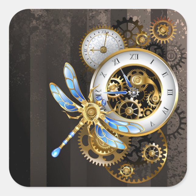 Steampunkuhr mit mechanischer Libelle Quadratischer Aufkleber (Vorderseite)
