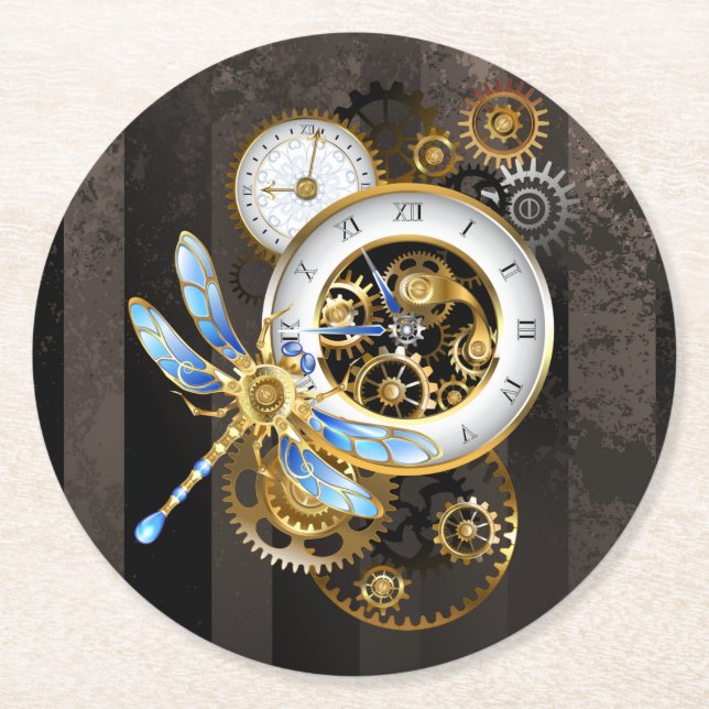 Steampunkuhr mit mechanischer Libelle Runder Pappuntersetzer (Vorderseite)
