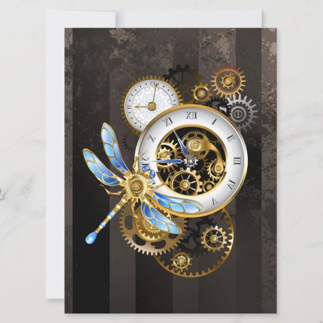 Steampunkuhr mit mechanischer Libelle Save The Date (Vorderseite)