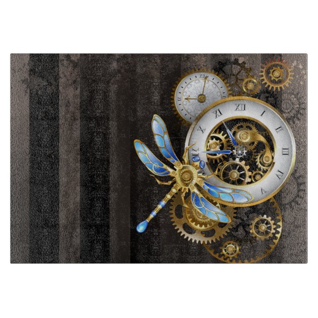 Steampunkuhr mit mechanischer Libelle Schneidebrett (Vorderseite)