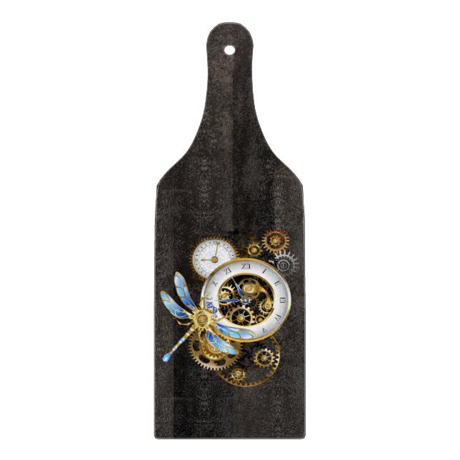 Steampunkuhr mit mechanischer Libelle Schneidebrett (Vorderseite)
