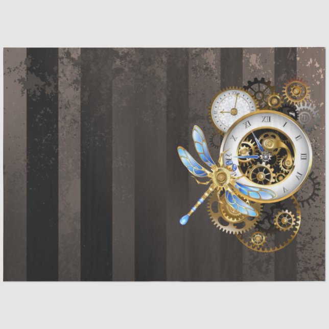 Steampunkuhr mit mechanischer Libelle Seidenpapier (Vorderseite)