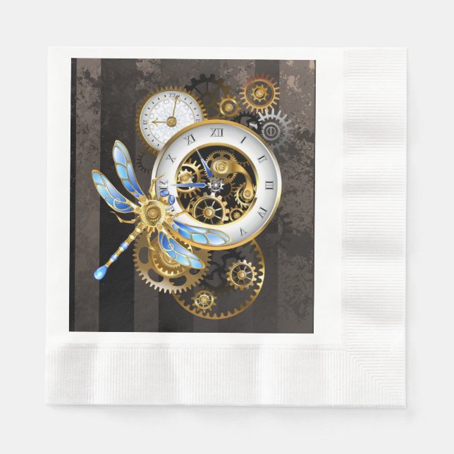 Steampunkuhr mit mechanischer Libelle Serviette (Vorderseite)