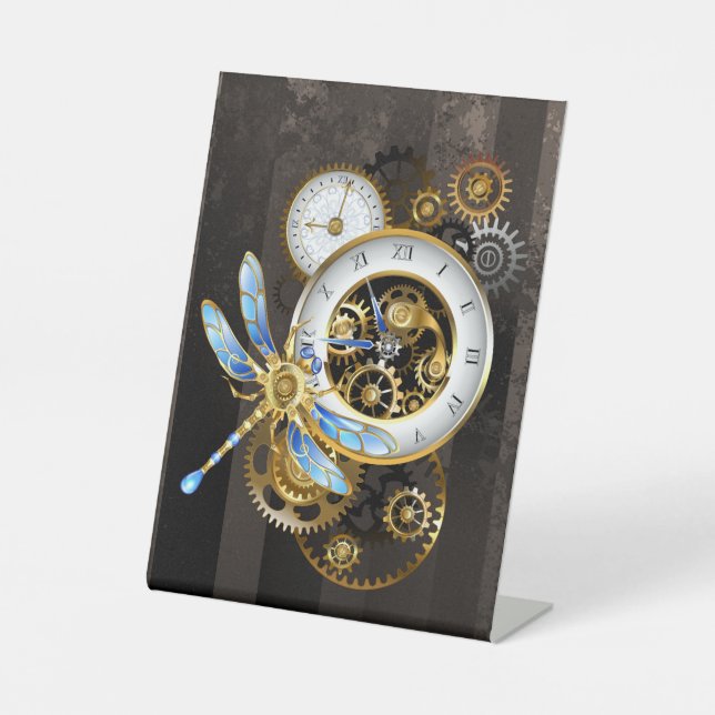 Steampunkuhr mit mechanischer Libelle Sockelschild (Vorderseite)