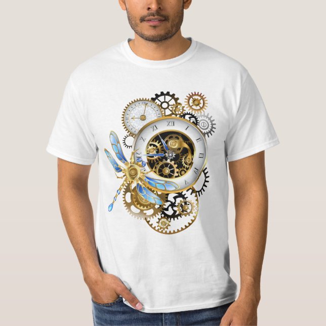 Steampunkuhr mit mechanischer Libelle T-Shirt (Vorderseite)