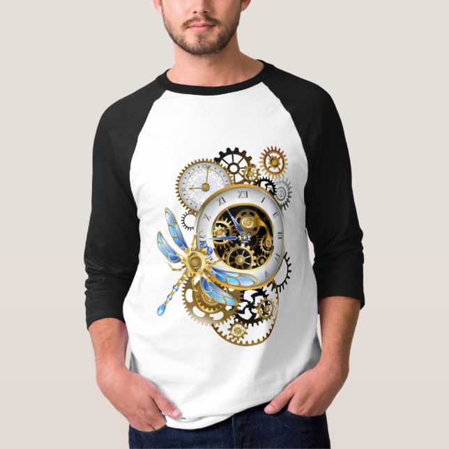 Steampunkuhr mit mechanischer Libelle T-Shirt (Vorderseite)