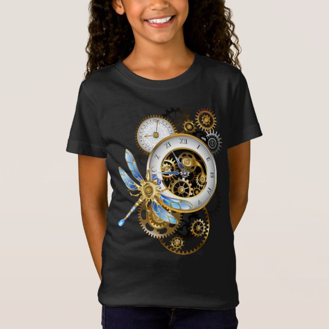 Steampunkuhr mit mechanischer Libelle T-Shirt (Vorderseite)