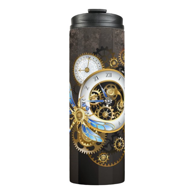 Steampunkuhr mit mechanischer Libelle Thermosbecher (Vorderseite)