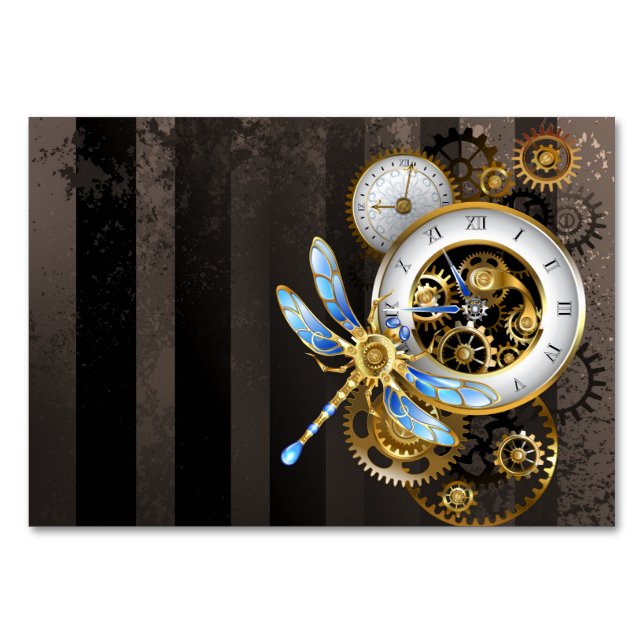 Steampunkuhr mit mechanischer Libelle Tischnummer (Vorderseite)