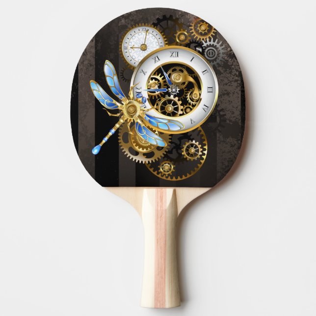 Steampunkuhr mit mechanischer Libelle Tischtennis Schläger (Vorderseite)