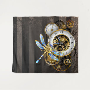 Steampunkuhr mit mechanischer Libelle Wandteppich