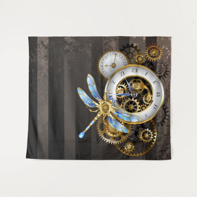 Steampunkuhr mit mechanischer Libelle Wandteppich (Vorderseite (Horizontal))