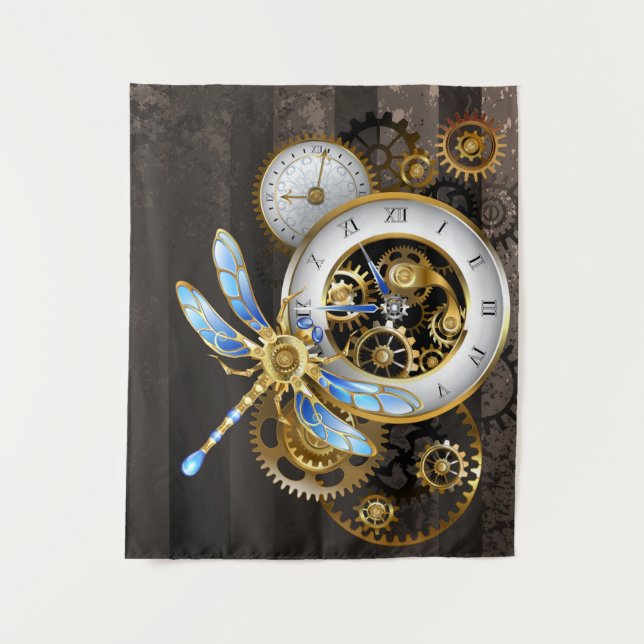 Steampunkuhr mit mechanischer Libelle Wandteppich (Vorderseite)