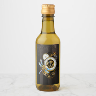 Steampunkuhr mit mechanischer Libelle Weinetikett