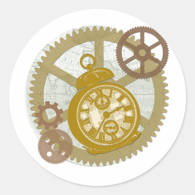Steampunkuhr und Geere Runder Aufkleber (Vorderseite)