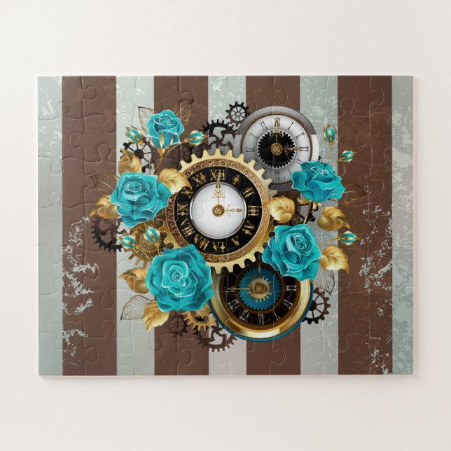 Steampunkuhr und türkisfarbene Rose auf Streifen (Horizontal)