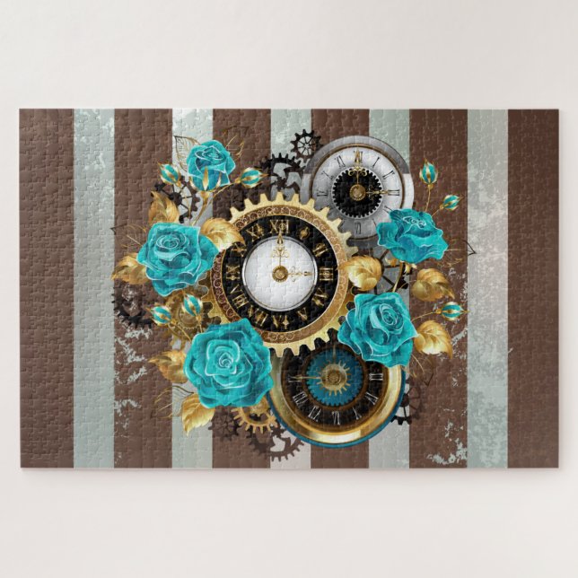 Steampunkuhr und türkisfarbene Rose auf Streifen (Horizontal)