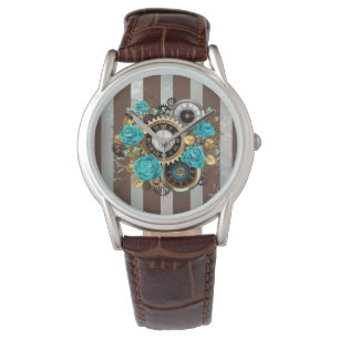 Steampunkuhr und türkisfarbene Rose auf Streifen Armbanduhr