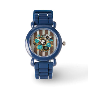 Steampunkuhr und türkisfarbene Rose auf Streifen Armbanduhr
