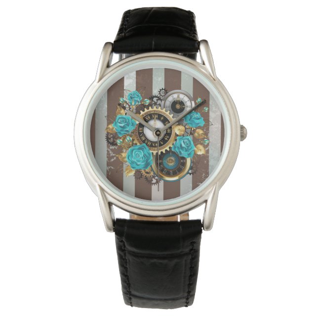 Steampunkuhr und türkisfarbene Rose auf Streifen Armbanduhr (Vorderseite)