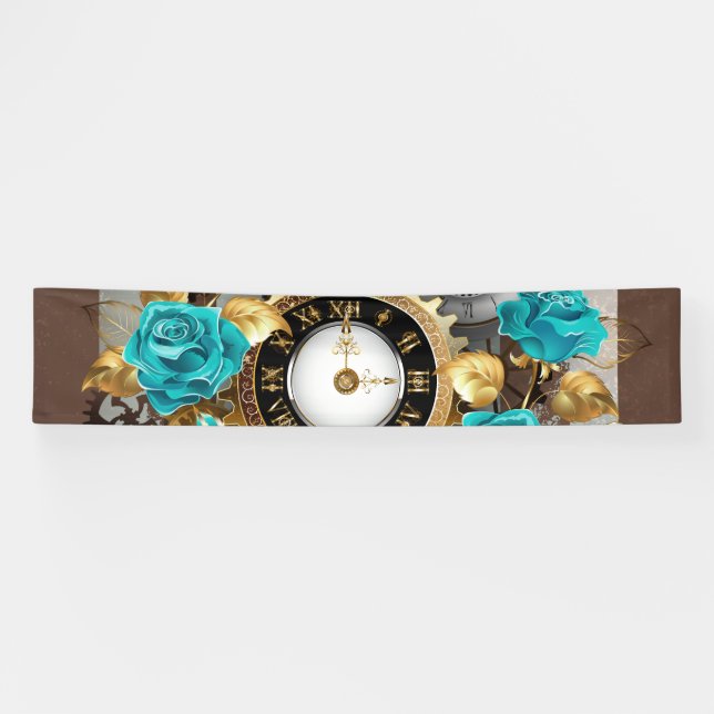 Steampunkuhr und türkisfarbene Rose auf Streifen Banner (Horizontal)