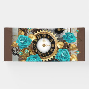 Steampunkuhr und türkisfarbene Rose auf Streifen Banner