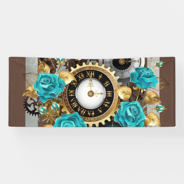 Steampunkuhr und türkisfarbene Rose auf Streifen Banner (Horizontal)