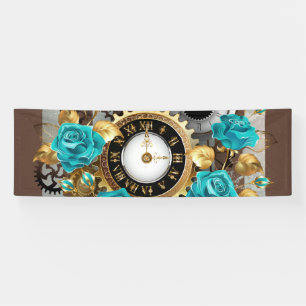 Steampunkuhr und türkisfarbene Rose auf Streifen Banner