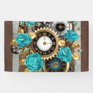Steampunkuhr und türkisfarbene Rose auf Streifen Banner
