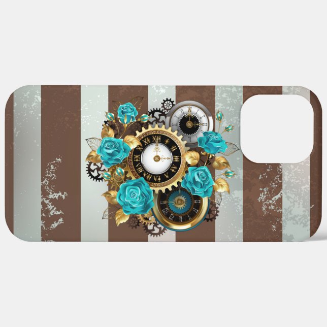 Steampunkuhr und türkisfarbene Rose auf Streifen Case-Mate iPhone Hülle (Hinten (horizontal))