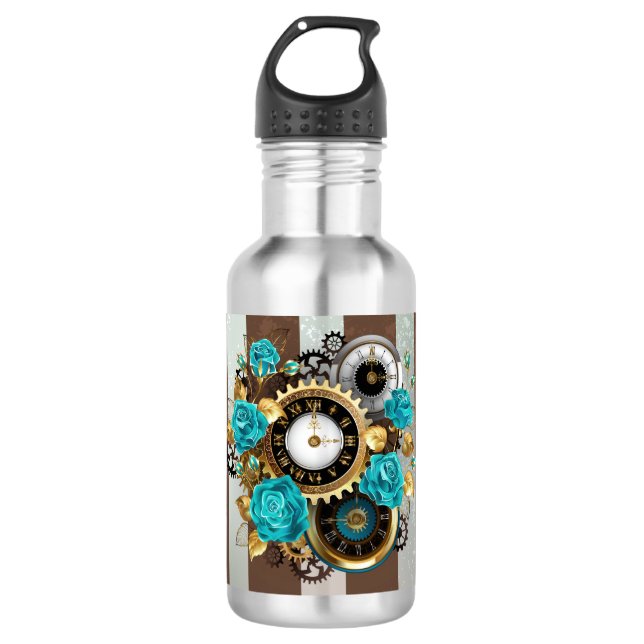 Steampunkuhr und türkisfarbene Rose auf Streifen Edelstahlflasche (Vorderseite)