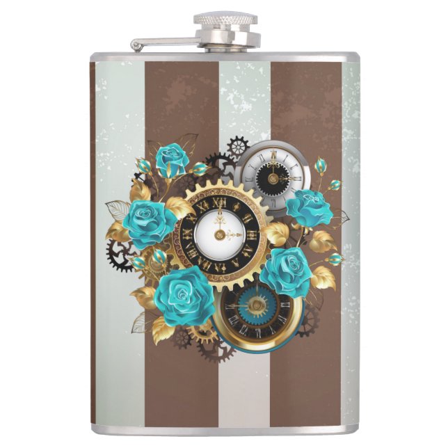 Steampunkuhr und türkisfarbene Rose auf Streifen Flachmann (Vorderseite)