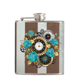 Steampunkuhr und türkisfarbene Rose auf Streifen Flachmann