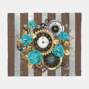 Steampunkuhr und türkisfarbene Rose auf Streifen Fleecedecke