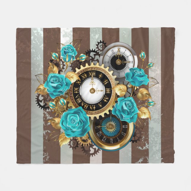 Steampunkuhr und türkisfarbene Rose auf Streifen Fleecedecke (Vorderseite (Horizontal))