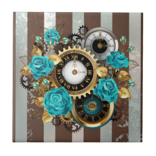 Steampunkuhr und türkisfarbene Rose auf Streifen Fliese