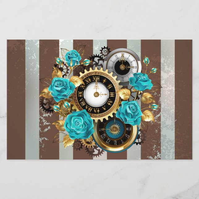 Steampunkuhr und türkisfarbene Rose auf Streifen Flyer (Vorne)