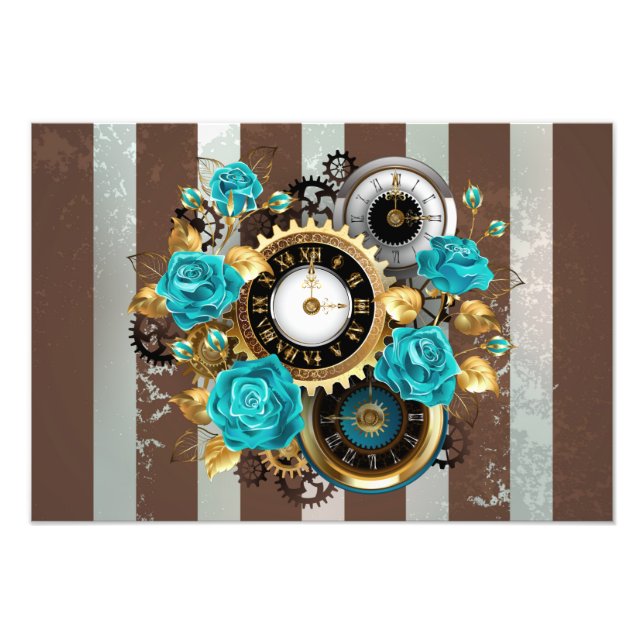 Steampunkuhr und türkisfarbene Rose auf Streifen Fotodruck (Vorne)