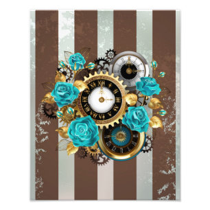 Steampunkuhr und türkisfarbene Rose auf Streifen Fotodruck