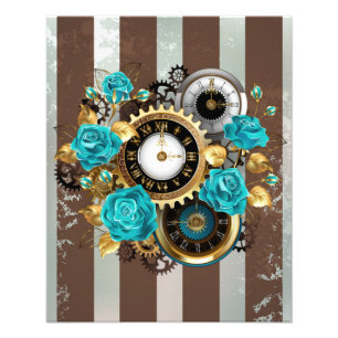 Steampunkuhr und türkisfarbene Rose auf Streifen Fotodruck
