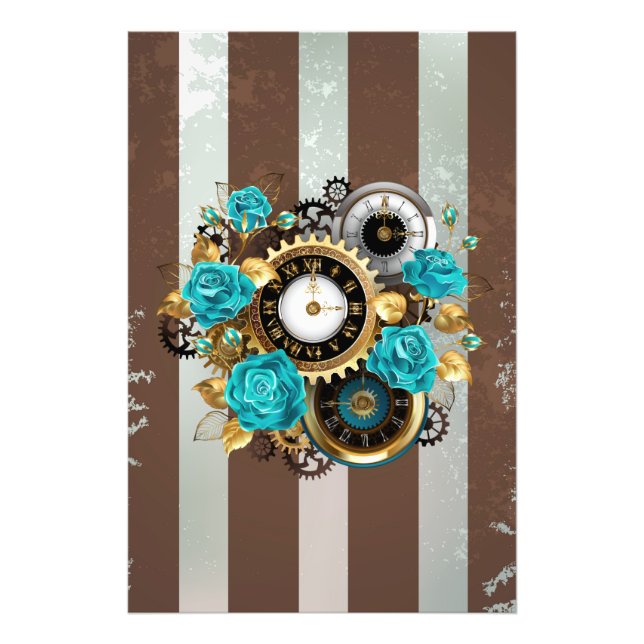 Steampunkuhr und türkisfarbene Rose auf Streifen Fotodruck (Vorne)