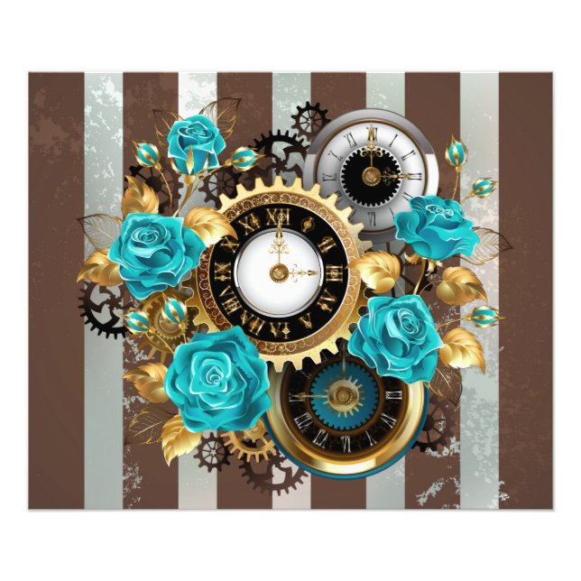 Steampunkuhr und türkisfarbene Rose auf Streifen Fotodruck (Vorne)