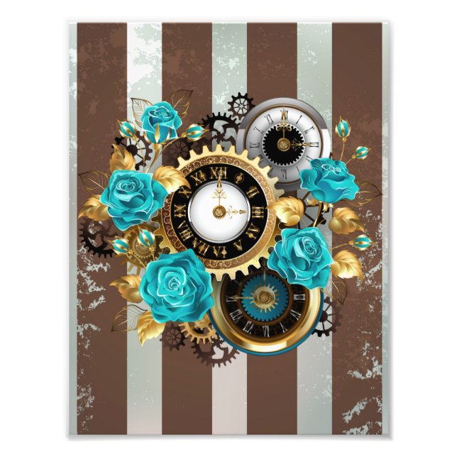 Steampunkuhr und türkisfarbene Rose auf Streifen Fotodruck (Vorne)