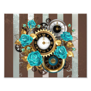 Steampunkuhr und türkisfarbene Rose auf Streifen Fotodruck